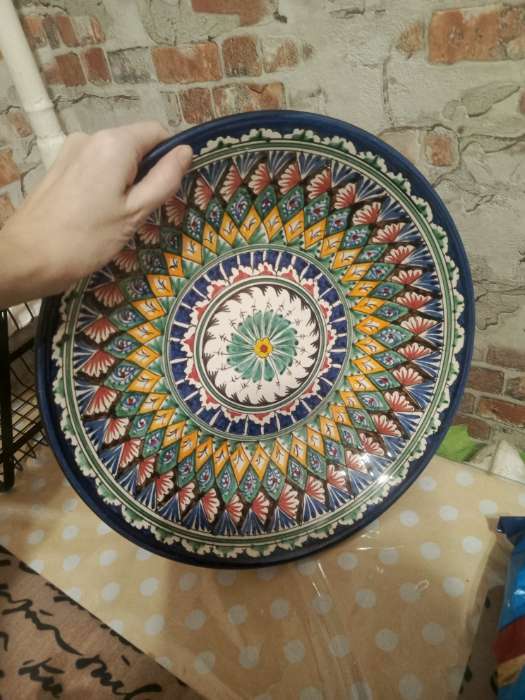 Фотография покупателя товара Ляган узбекский Риштанская керамика «Узоры», для плова, d=33 см, глубокий, синий - Фото 2