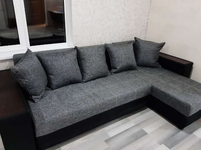 Фотография покупателя товара Угловой диван «Дубай», еврокнижка, правый угол, цвет серая рогожка / чёрная экокожа - Фото 28