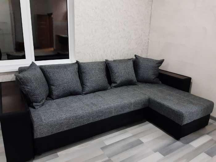 Фотография покупателя товара Угловой диван «Дубай», еврокнижка, правый угол, цвет серая рогожка / чёрная экокожа - Фото 26