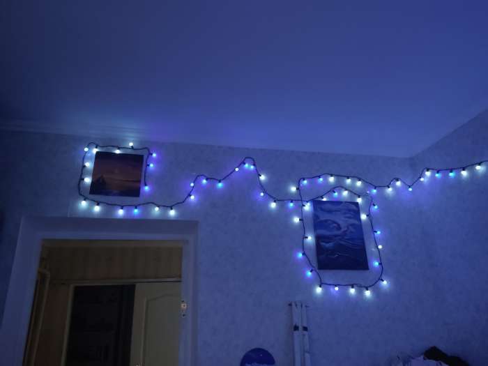 Фотография покупателя товара Гирлянда «Нить» 20 м с насадками «Шарики 1.5 см», IP44, тёмная нить, 200 LED, свечение бело-синее, мигание, 220 В - Фото 5