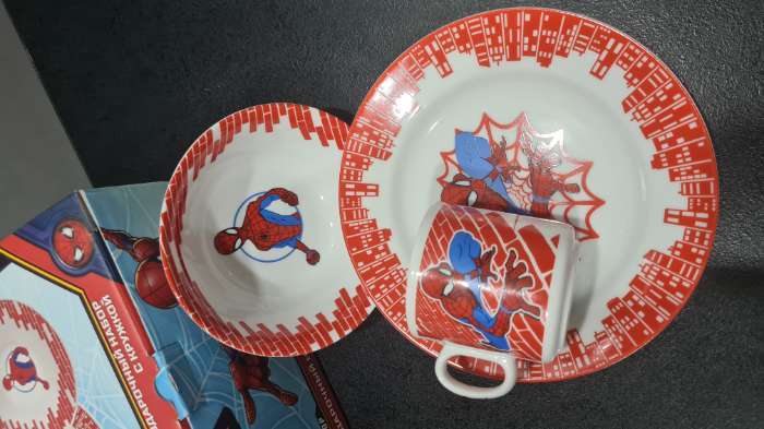 Фотография покупателя товара Набор посуды, 3 предмета: тарелка Ø 16,5 см, миска Ø 14 см, кружка 200 мл, "Ты - супергерой", Человек-паук - Фото 2