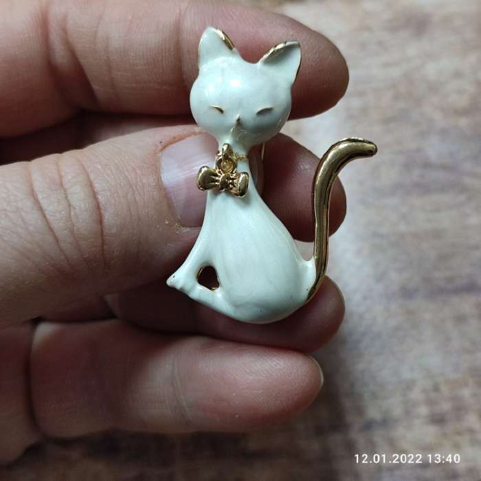 Фотография покупателя товара Брошь «Котёнок» с подвижным бантиком, цвет белый в золоте - Фото 1