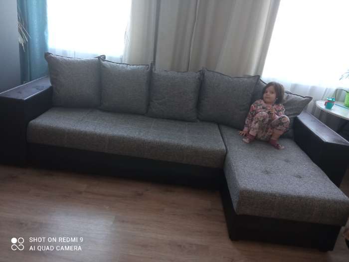 Фотография покупателя товара Угловой диван «Дубай», еврокнижка, правый угол, цвет серая рогожка / чёрная экокожа - Фото 4
