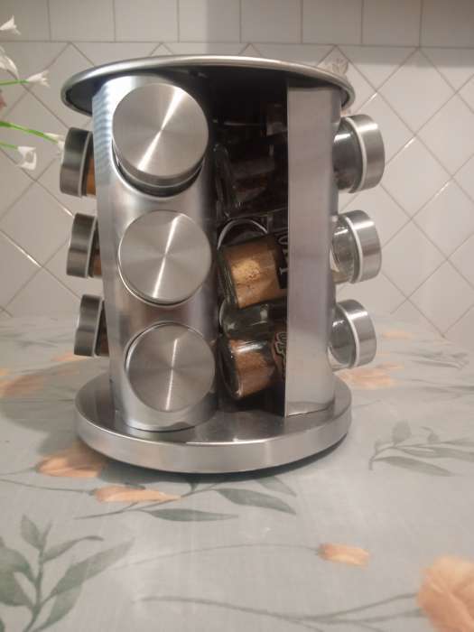 Фотография покупателя товара Набор для специй на подставке «Профи», 19×20 см, 12 шт., стекло, серебристый - Фото 1