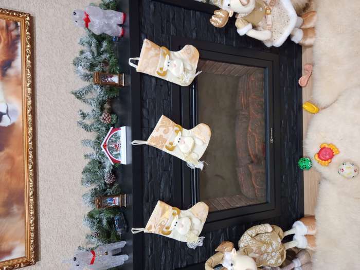 Фотография покупателя товара Носок для подарков "Олень, ажурный праздник" 17,5х25,5 см, бежево-золотой