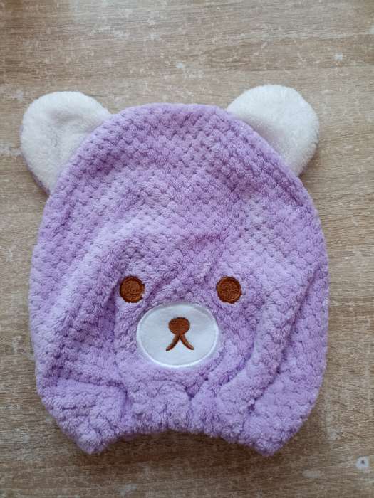 Фотография покупателя товара Чалма для сушки волос Доляна «Медвежонок», микрофибра, фиолетовая - Фото 1