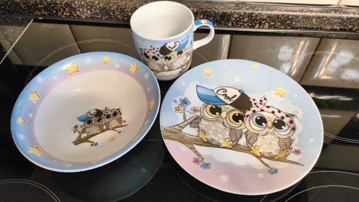 Фотография покупателя товара Набор детской посуды из керамики Доляна «Совы тинейджеры», 3 предмета: кружка 230 мл, миска 400 мл, тарелка d=18 см - Фото 2