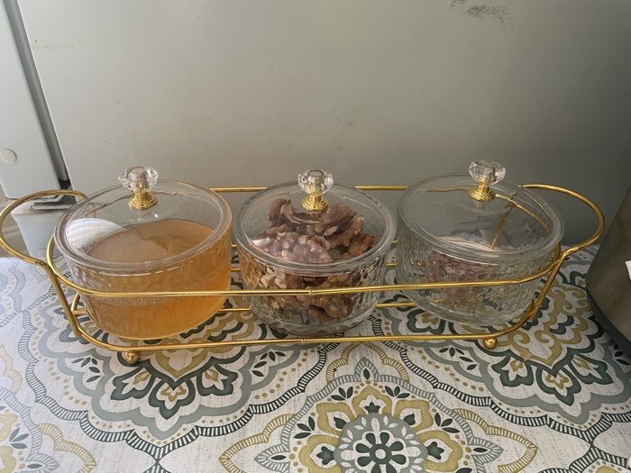 Фотография покупателя товара Набор конфетниц «Богема», на подставке 33×9.5×8.5, 3 шт., стекло, цвет металла золотистый - Фото 1