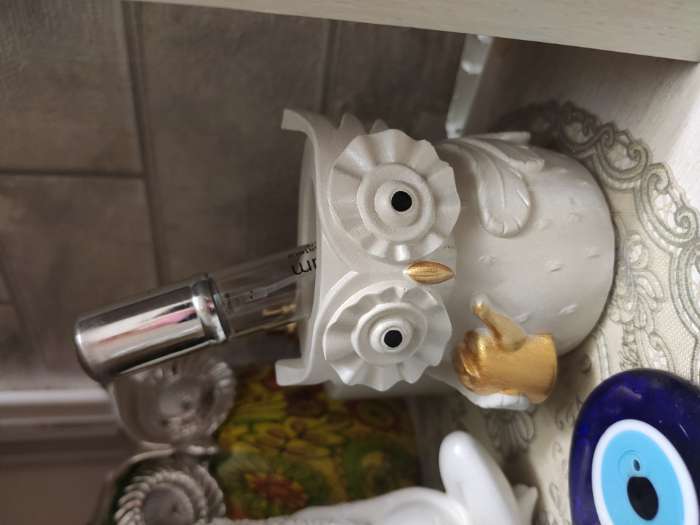 Фотография покупателя товара Карандашница сувенирная «Сова с лейкой», 8×8 см, гипс, белый перламутр - Фото 1