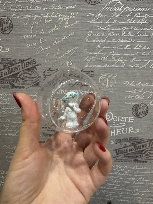 Фотография покупателя товара Фигурка - подвеска полистоун «Ангелок в шаре», ёлочная игрушка, голубой веночек, 6.7×5.5×6.2 см - Фото 1