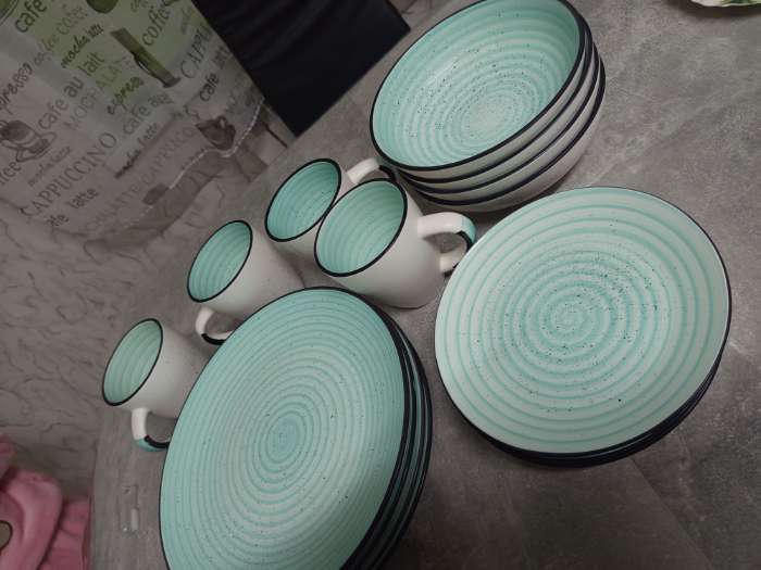 Фотография покупателя товара Набор посуды Доляна Nature Тар, 16 предметов: тарелки 8 шт. d=19 см, 27 см, глубокие 4 шт. 830 мл, кружки 4 шт. 400 мл, керамика, бежевый - Фото 1