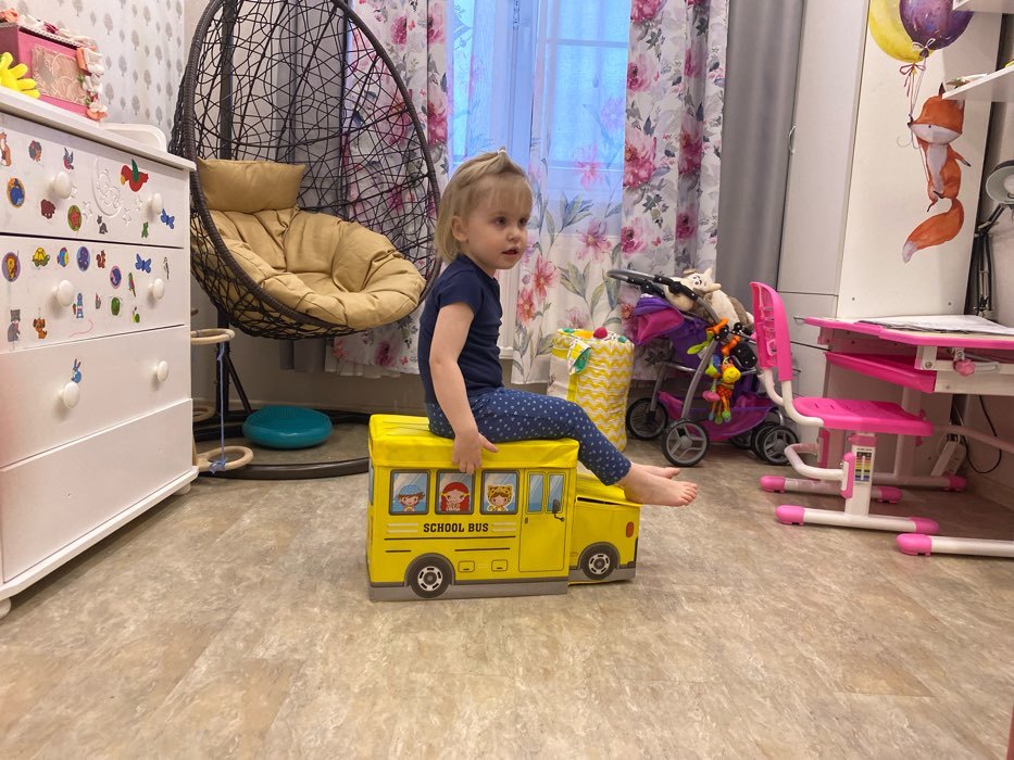 Фотография покупателя товара Короб стеллажный для хранения с крышкой Доляна «Школьный автобус», 55×26×32 см, 2 отделения, цвет жёлтый