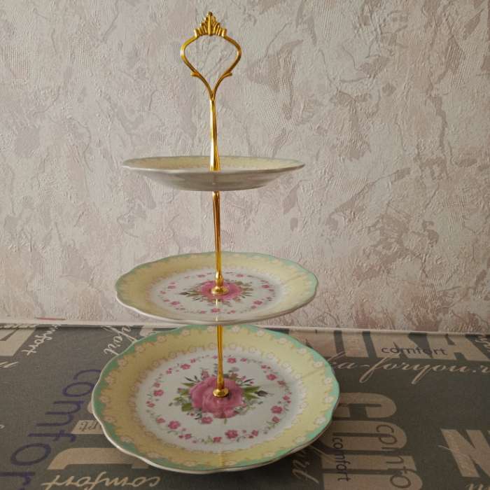 Фотография покупателя товара Этажёрка для фруктов и десертов Доляна «Цветочный вальс», 3 яруса, d=15.5/17/23 см, керамика, разноцветная - Фото 1