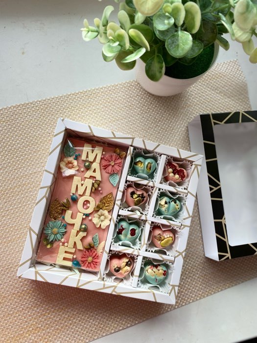 Фотография покупателя товара Коробка под 8 конфет + шоколад, с окном, геометрия, черно-белая, 17,7 х 17,85 х 3,85 см - Фото 4