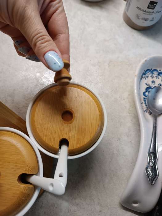 Фотография покупателя товара Банки для сыпучих BellaTenero, 150 мл, с ложками, на бамбуковой подставке, фарфор, белые - Фото 10