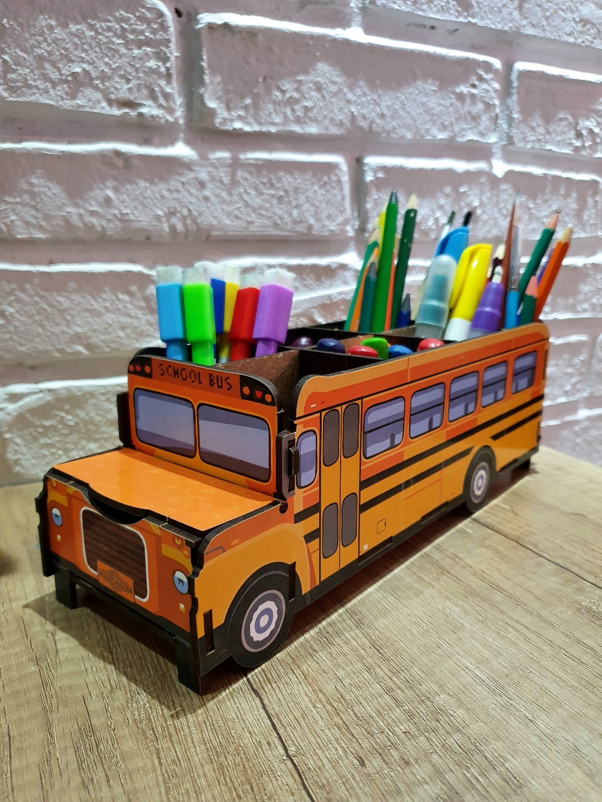Фотография покупателя товара Подставка для канцелярии деревянная "Школьный автобус", с принтом - Фото 3
