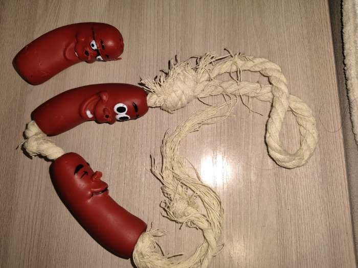 Фотография покупателя товара Игрушка для собак «3 сосиски», 50 см, на канате, винил, цвет МИКС - Фото 6