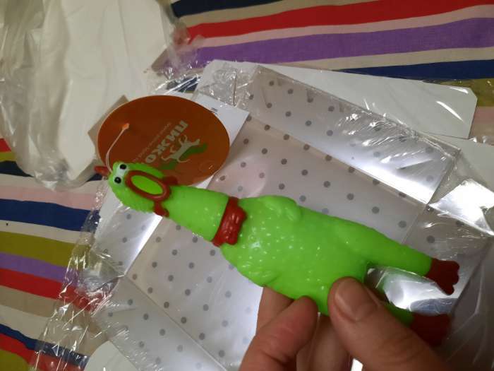 Фотография покупателя товара Игрушка пищащая "Задумчивая курица" малая для собак, 16,5 см, ярко-зелёная