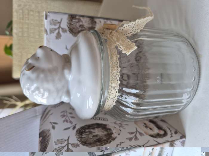 Фотография покупателя товара Банка для сыпучих Доляна «Ёжик в золотом», 230 мл, 7.8×15 см, с керамической крышкой, стекло, прозрачная - Фото 1