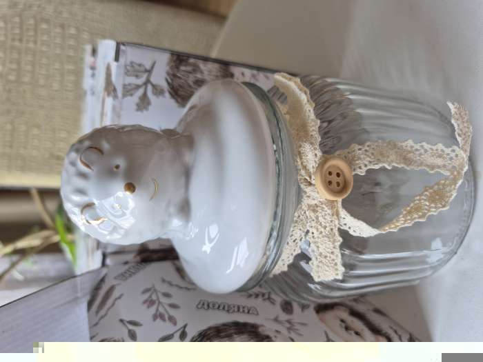 Фотография покупателя товара Банка для сыпучих Доляна «Ёжик в золотом», 230 мл, 7.8×15 см, с керамической крышкой, стекло, прозрачная - Фото 2