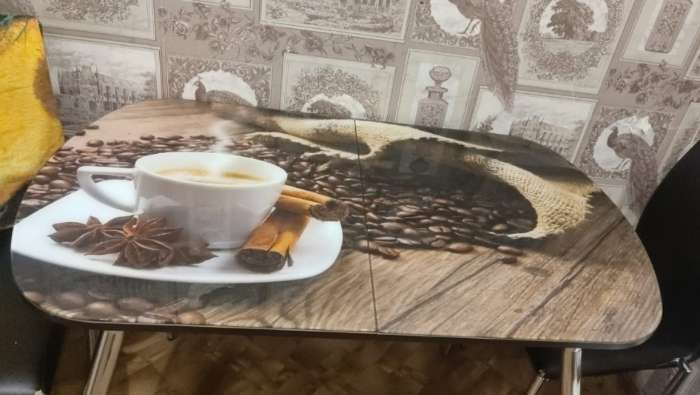 Фотография покупателя товара Раздвижной стол Gold, 1150(1450) × 700 мм, стекло, опоры хром G2, фотопечать кофе - Фото 1