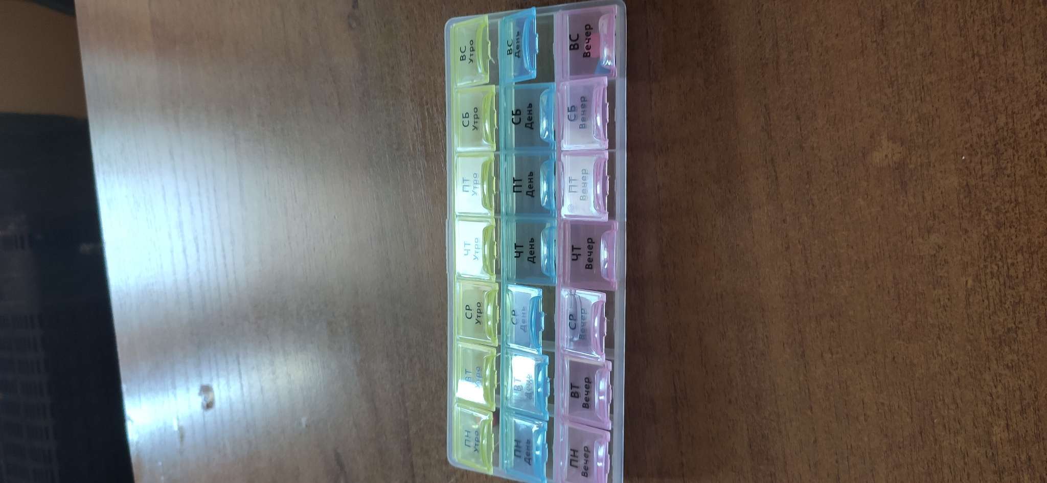 Фотография покупателя товара Таблетница - органайзер «Неделька», утро/день/вечер, 21.5×9×2 см, 21 секция, в коробке, разноцветная - Фото 1