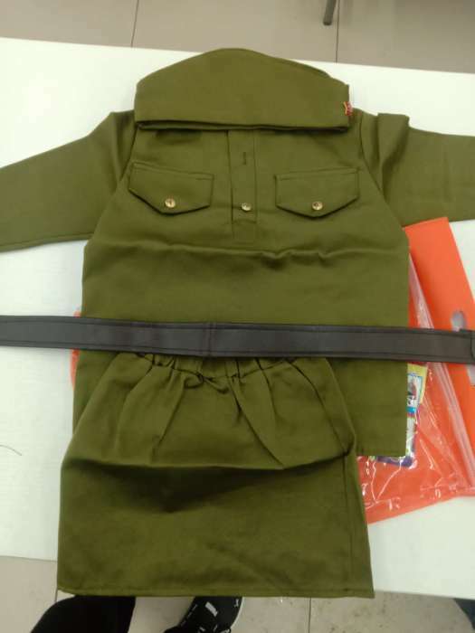 Фотография покупателя товара Карнавальный костюм «Солдаточка-малютка», пилотка, гимнастёрка, ремень, юбка, 2-3 года, рост 94-104 см - Фото 2