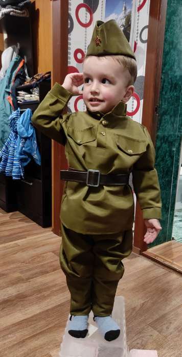 Фотография покупателя товара Карнавальный костюм «Солдат-малютка», пилотка, гимнастёрка, ремень, галифе, 2-3 года, рост 94-104 см