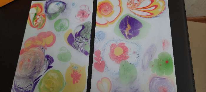 Фотография покупателя товара Набор для рисования эбру: краски 6 цв по 6 мл, 10 листов бумаги, загуститель 10 г, инструменты, поддон