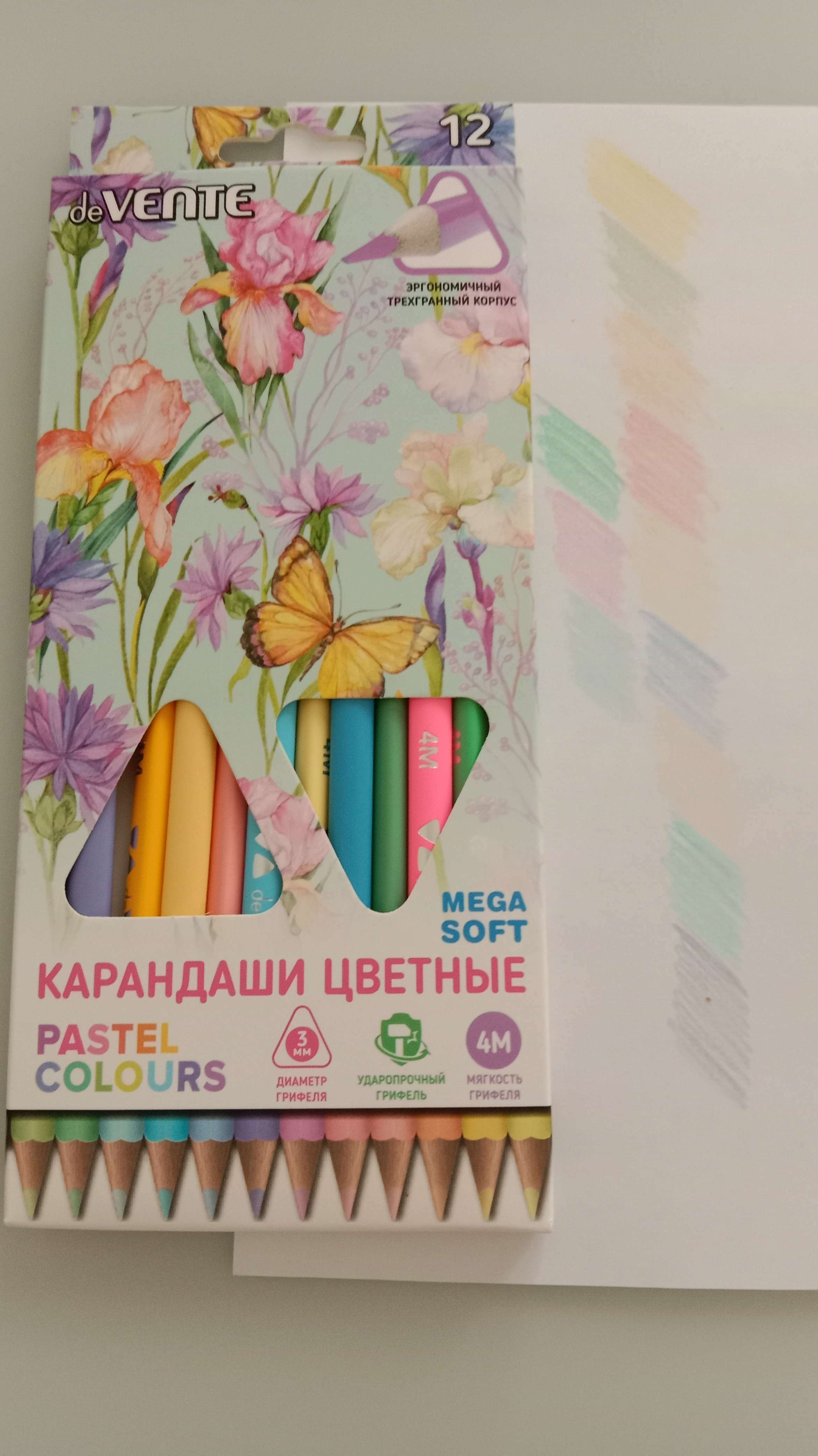 Фотография покупателя товара Карандаши 12 цветов, deVENTE Trio Mega Soft Pastel, трёхгранный корпус, супер мягкие, 4M, грифель 3 мм, пастельные цвета - Фото 4