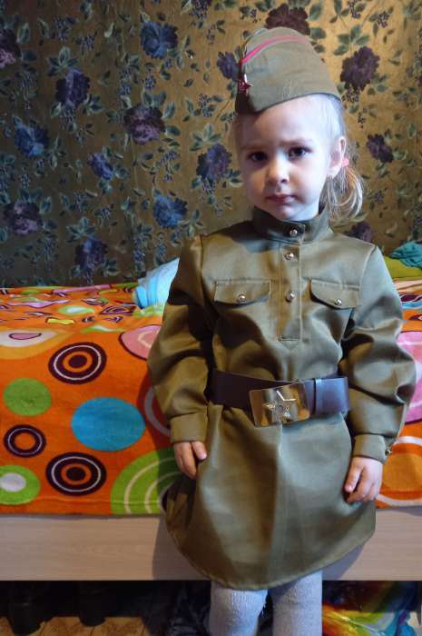 Фотография покупателя товара Карнавальный костюм для девочки "Военный", платье, ремень, пилотка, рост 92-104 см - Фото 1
