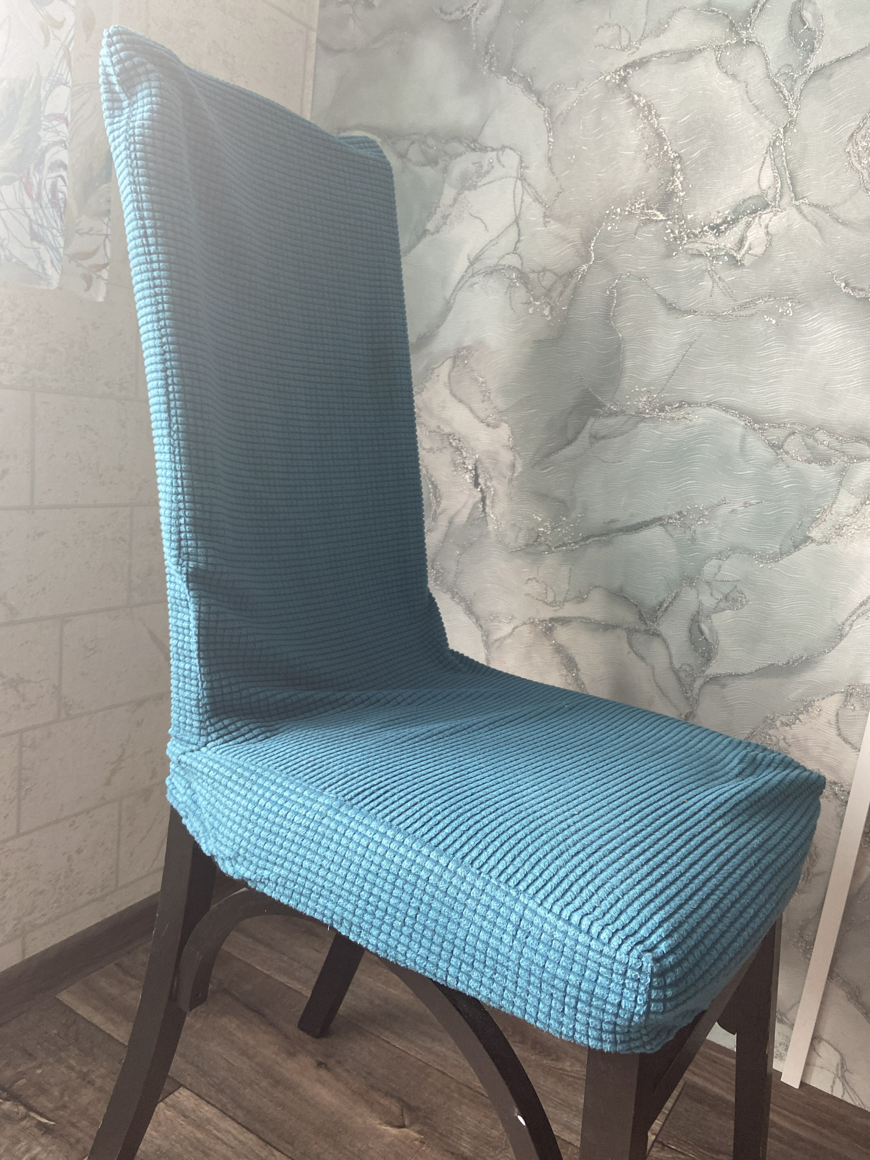 Фотография покупателя товара Чехол на стул Комфорт трикотаж жаккард, цвет бирюзовый, 100% полиэстер - Фото 5
