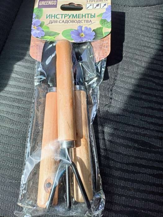 Фотография покупателя товара Набор садового инструмента, 3 предмета: рыхлитель, 2 совка, длина 20 см, деревянные МИКС ручки, Greengo