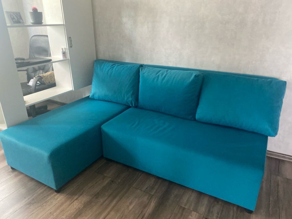 Фотография покупателя товара Угловой диван «Алиса», еврокнижка, велюр arben/shaggy, цвет azure