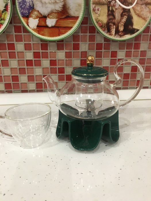 Фотография покупателя товара Чайник заварочный из стекла «Элегия», 600 мл, подставка для подогрева, стеклянное сито, цвет изумрудный - Фото 1