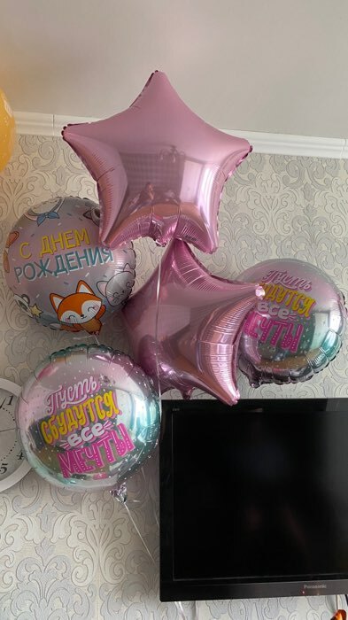 Фотография покупателя товара Букет из фольгированных шаров «С днём рождения. Пиксели», набор 5 шт., цвет чёрный,золотой - Фото 1