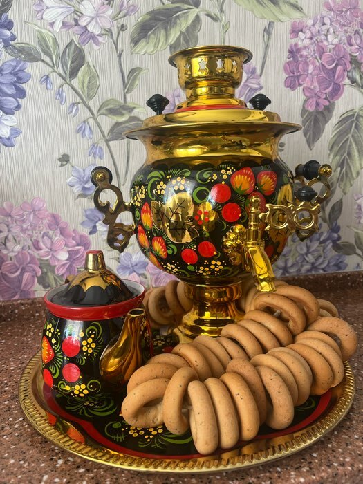 Фотография покупателя товара Набор «Хохлома», овал, 3 предмета, самовар 3 л, заварочный чайник 0,7 л, поднос - Фото 1