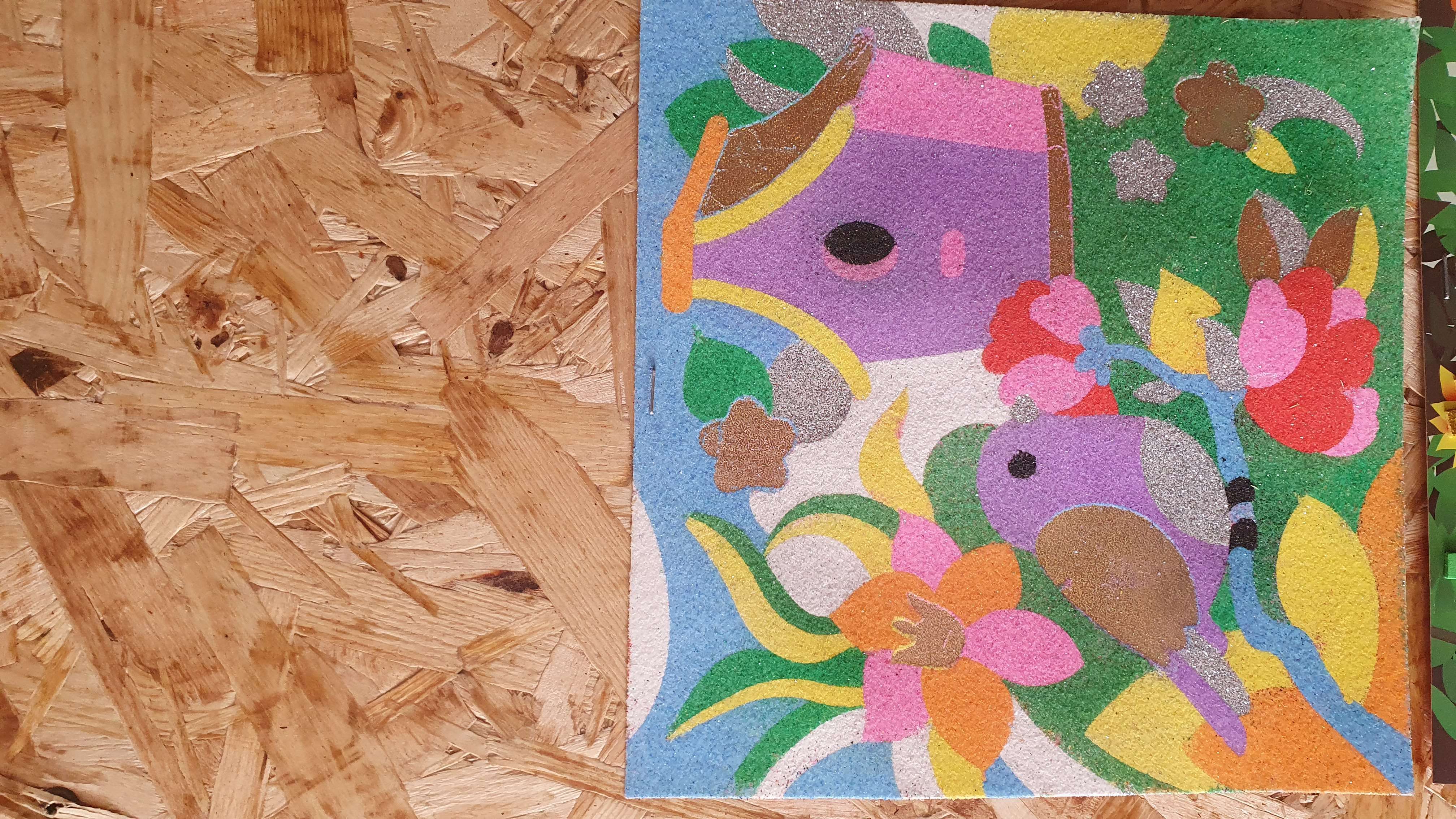 Фотография покупателя товара Набор для творчества. Фреска песком «Сказочный сад» + 9 цветов песка по 4 гр, блёстки, стека - Фото 2