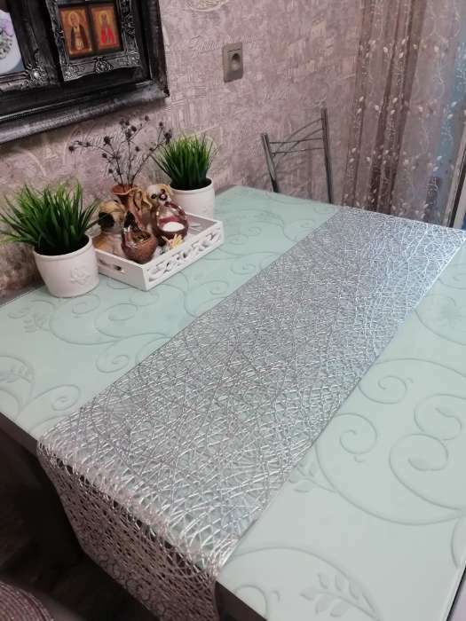 Фотография покупателя товара Дорожка на стол Доляна «Паутинка», 30×150 см, цвет серебряный