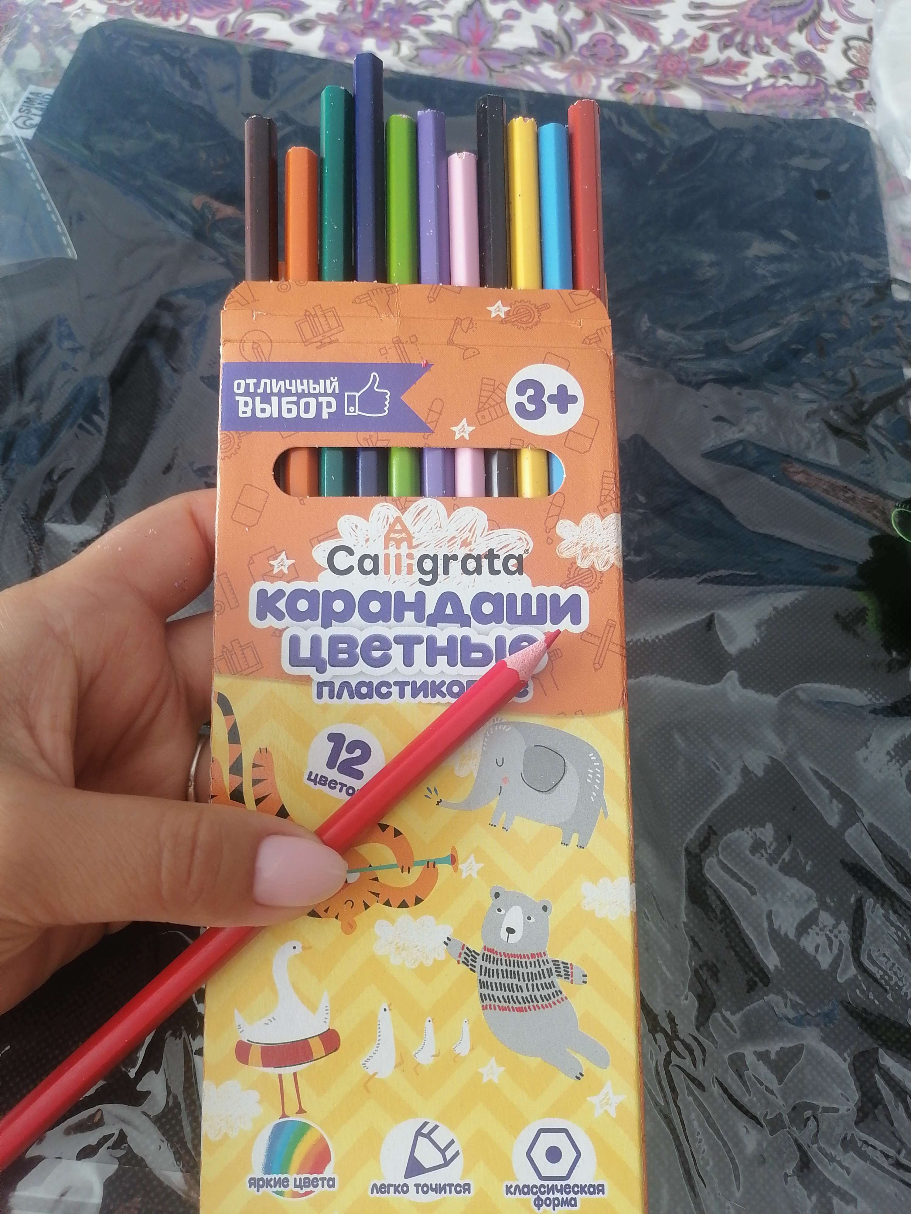 Фотография покупателя товара Карандаши 12 цветов Calligrata, ЭКОНОМ, заточенные, шестигранные, пластиковые, картонная упаковка, европодвес