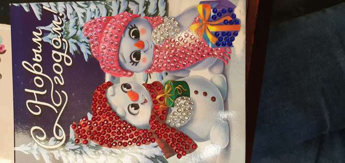 Фотография покупателя товара Новогодняя алмазная мозаика с частичным заполнением для детей на открытке «Новый год. Снеговики»