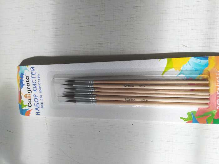 Фотография покупателя товара Набор кистей, белка круглые, 6 шт.: №1, 2, 3, 4, 5, 6, с деревянными ручками, блистер
