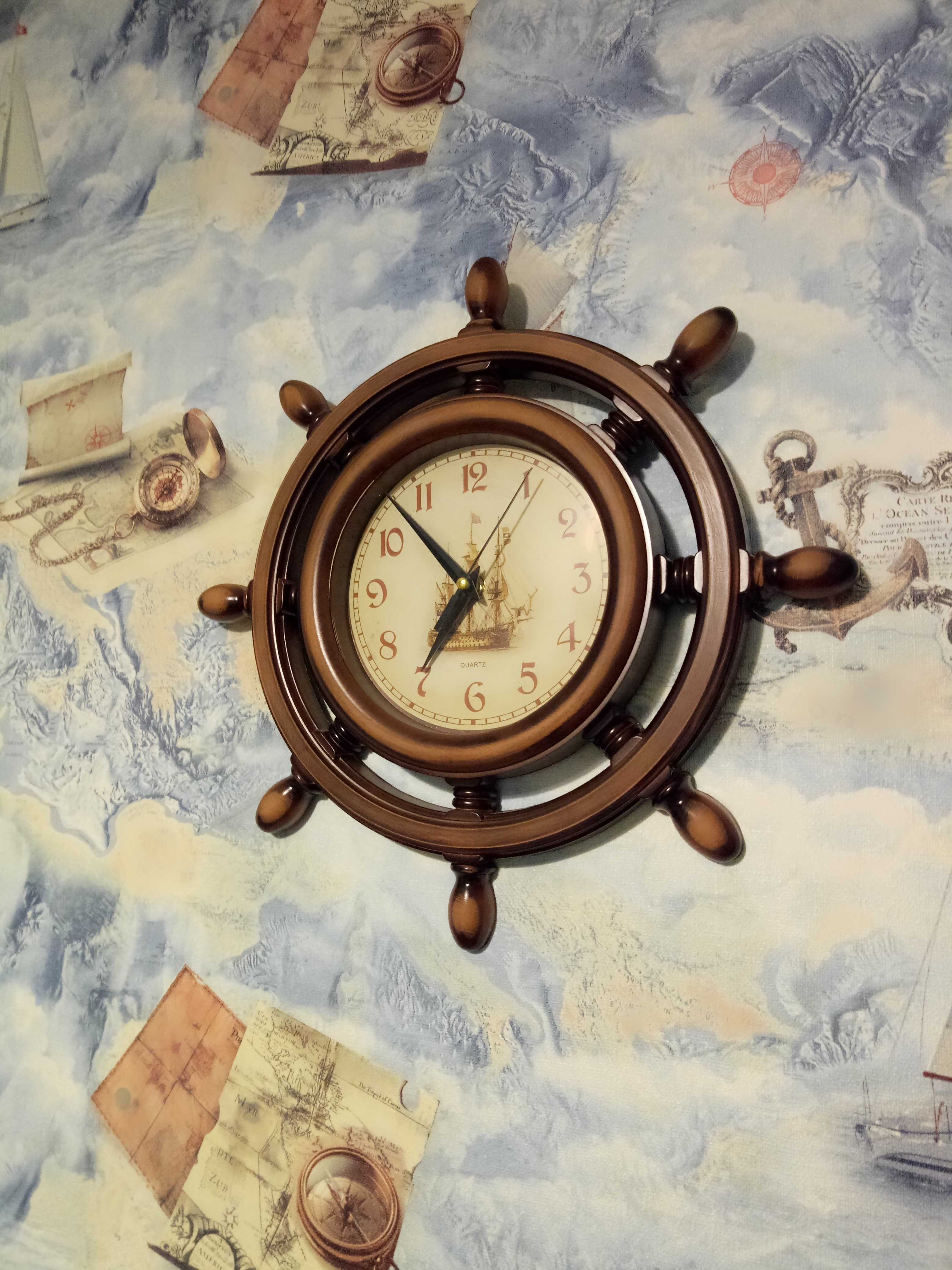 Фотография покупателя товара Часы настенные, серия: Море, "Штурвал", плавный ход, d-35 см, коричневая патина - Фото 1