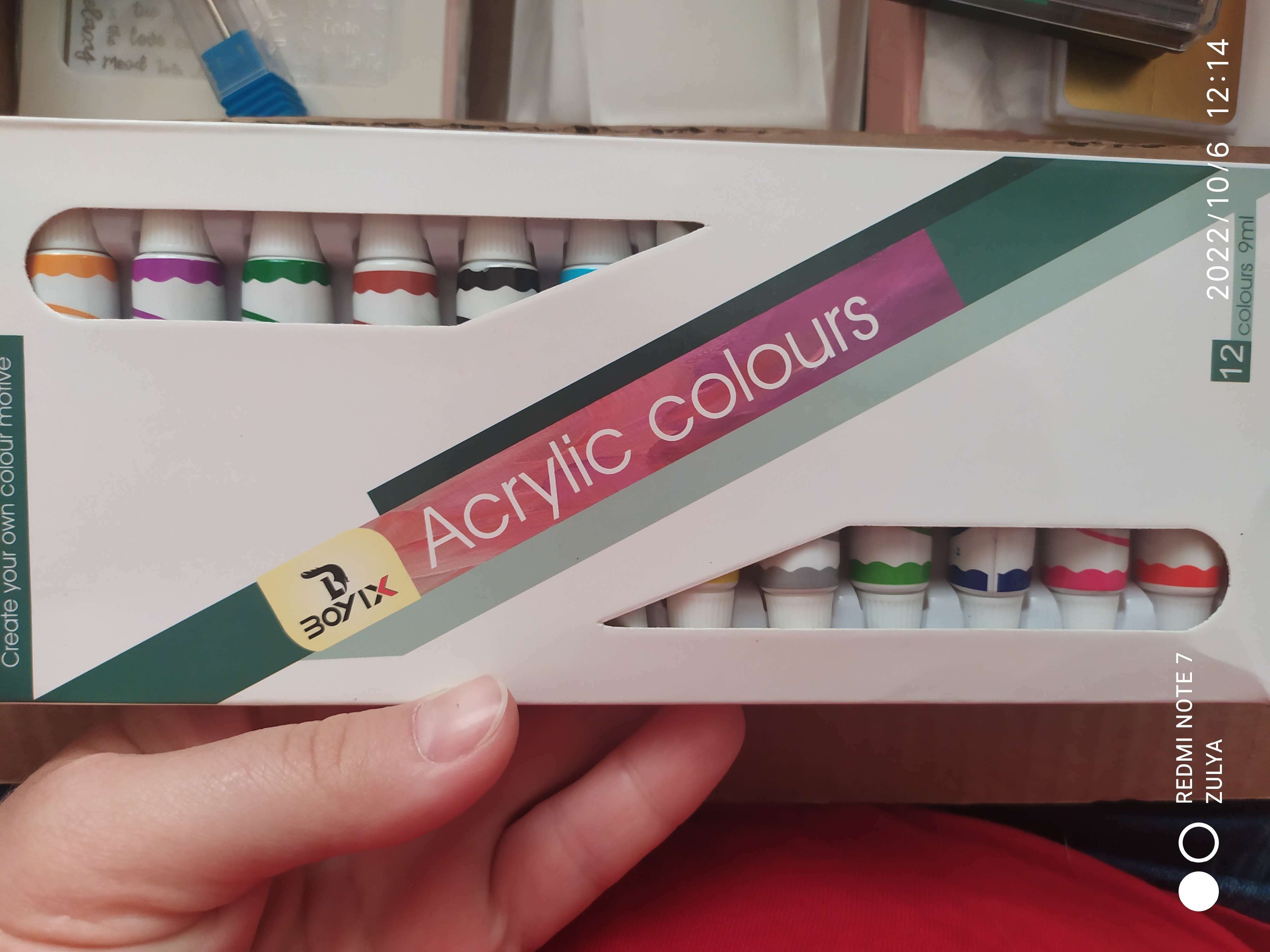 Фотография покупателя товара Краски акриловые, 12 цветов, в пластиковой тубе, 9 мл, в картонной коробке - Фото 1
