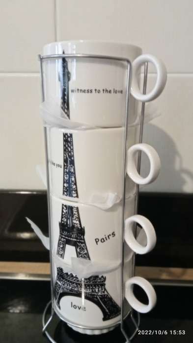 Фотография покупателя товара Набор кружек керамических на металлической подставке Доляна «Париж», 4 предмета: 220 мл, цвет белый