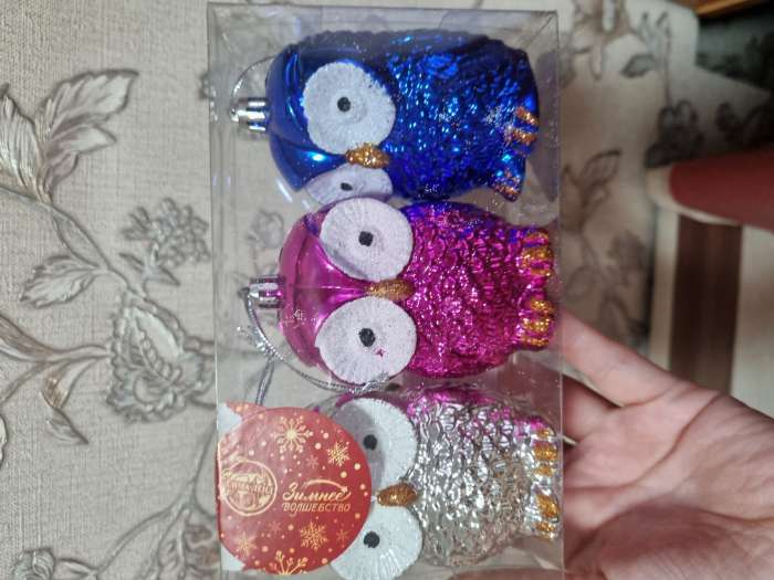 Фотография покупателя товара Ёлочные игрушки 3 шт. «Зимнее волшебство. Цветные совушки» пластик, 9 см, МИКС - Фото 10