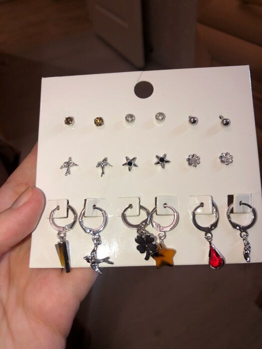 Фотография покупателя товара Набор серьги 9 пар «Цацки» клевер, звезда, ласточки, цветные в серебре - Фото 2