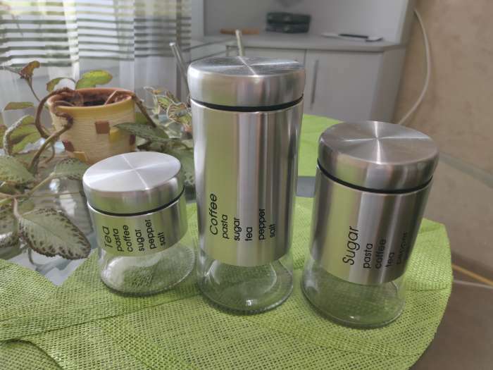 Фотография покупателя товара Набор банок стеклянных для сыпучих «Трио», 3 предмета: 350/550/750 мл, 9.5×10.5/15/19.8 см, чёрный - Фото 1