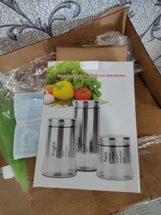 Фотография покупателя товара Набор банок стеклянных для сыпучих «Трио», 3 предмета: 350/550/750 мл, 9.5×10.5/15/19.8 см, чёрный - Фото 2