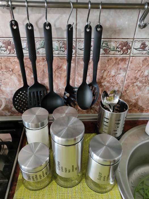 Фотография покупателя товара Набор банок стеклянных для сыпучих «Трио», 3 предмета: 350/550/750 мл, 9.5×10.5/15/19.8 см, чёрный - Фото 3